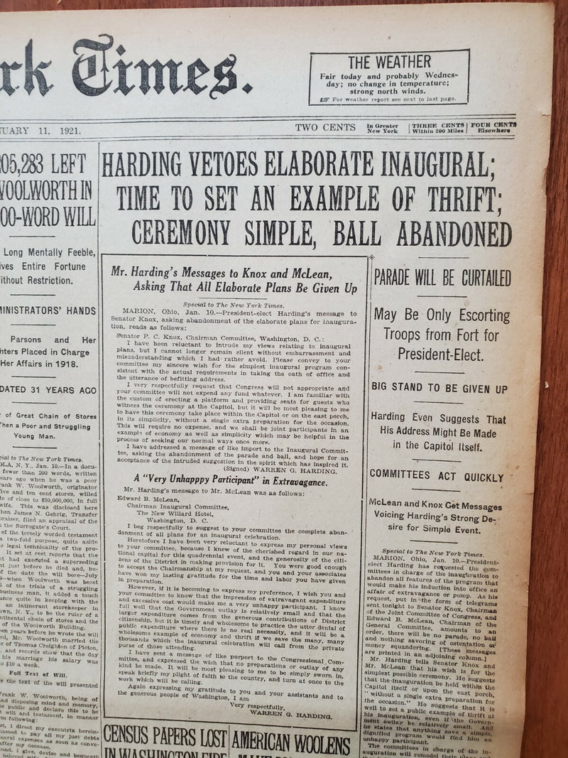 1921 JANUARY 11 NEW YORK TIMES - HARDING VETOES ELABORATE INAUGURAL - NT 8090