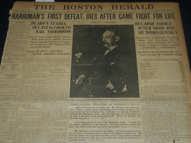 1909 SEPT 10 THE BOSTON HERALD - HARRIMAN DIES AFTER GAME FIGHT FOR LIFE- BH 201