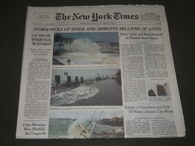 2012 OCTOBER 30 NEW YORK TIMES - STORM PICKS UP SPEED AND DISRUPTS - NP 2449