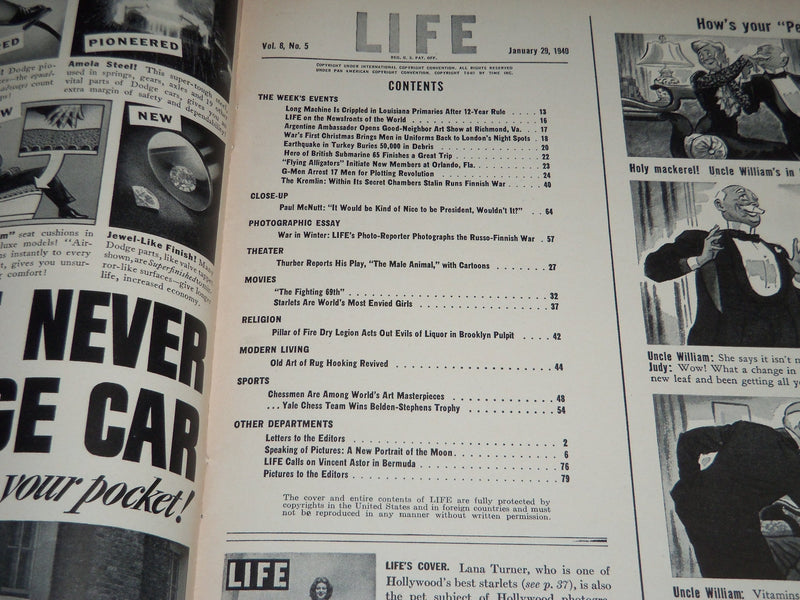 1940 JANUARY 29 LIFE MAGAZINE - LANA TURNER COVER - L 163