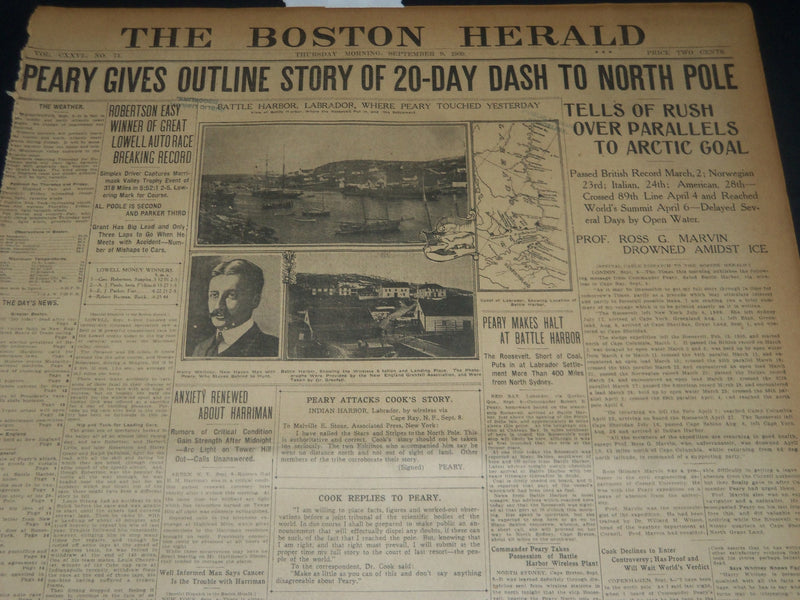 1909 SEPTEMBER 9 THE BOSTON HERALD - PEARY STORY OF DASH TO NORTH POLE - BH 202