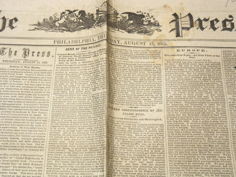 1863 AUGUST 13 THE PHILADELPHIA PRESS NEWSPAPER - MEADE AND LEE ESCAPE - NP 9001