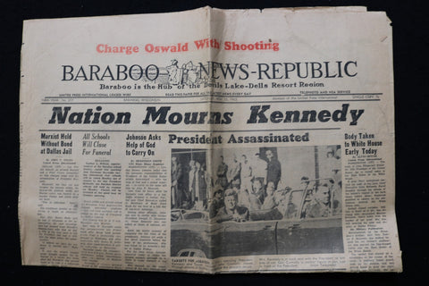 1963 NOVEMBER 23 BARABOO NEWS REPUBLIC NEWSPAPER - NATION MOURNS KENNEDY- K 2942