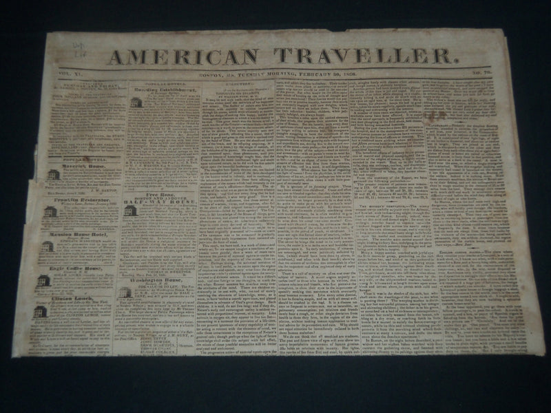 1836 FEBRUARY 30 AMERICAN TRAVELLER NEWSPAPER - RARE DATE - BOSTON - NP 3980