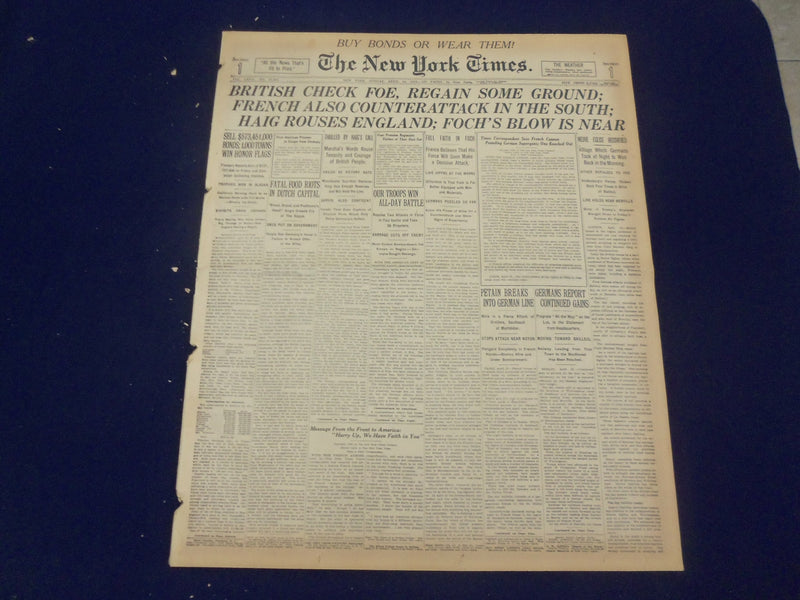 1918 APRIL 14 NEW YORK TIMES -BRITISH CHECK FOE, FRENCH ATTACK THE SOUTH-NT 8211