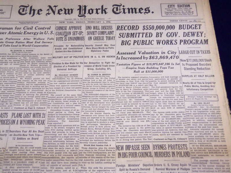 1946 FEB 1 NEW YORK TIMES - RECORD BUDGET SUBMITTED BY GOV. DEWEY - NT 2318