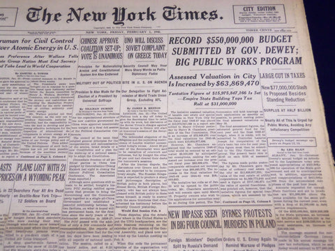 1946 FEB 1 NEW YORK TIMES - RECORD BUDGET SUBMITTED BY GOV. DEWEY - NT 2318