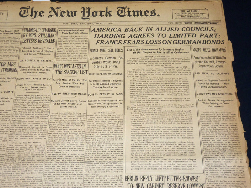 1921 MAY 7 NEW YORK TIMES NEWSPAPER - AMERICA BACK IN ALLIED COUNCILS - NT 7843