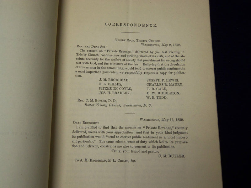 1859 PRIVATE REVENGE A SERMON BOOK BY REV. C. M. BUTLER - TRINITY CHURCH- J 4557