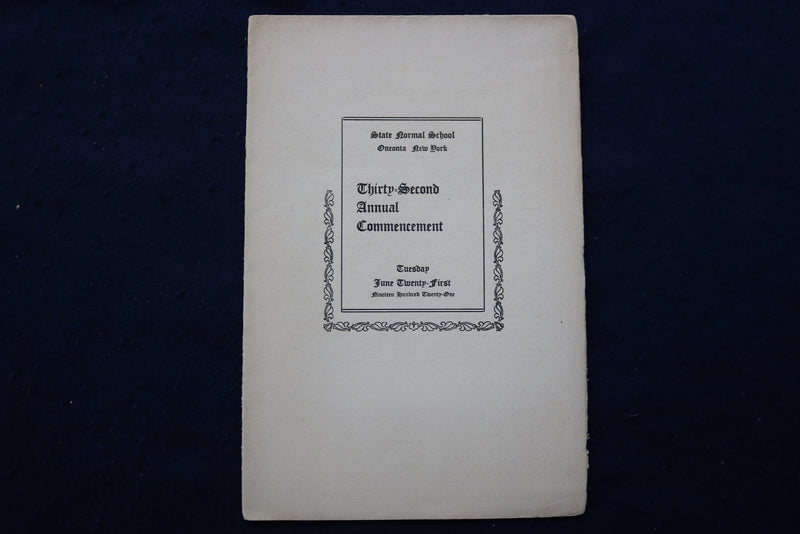 1921 STATE NORMAL SCHOOL COMMENCEMENT SOFTCOVER BOOKLET - ONEONTA, NY - K 923