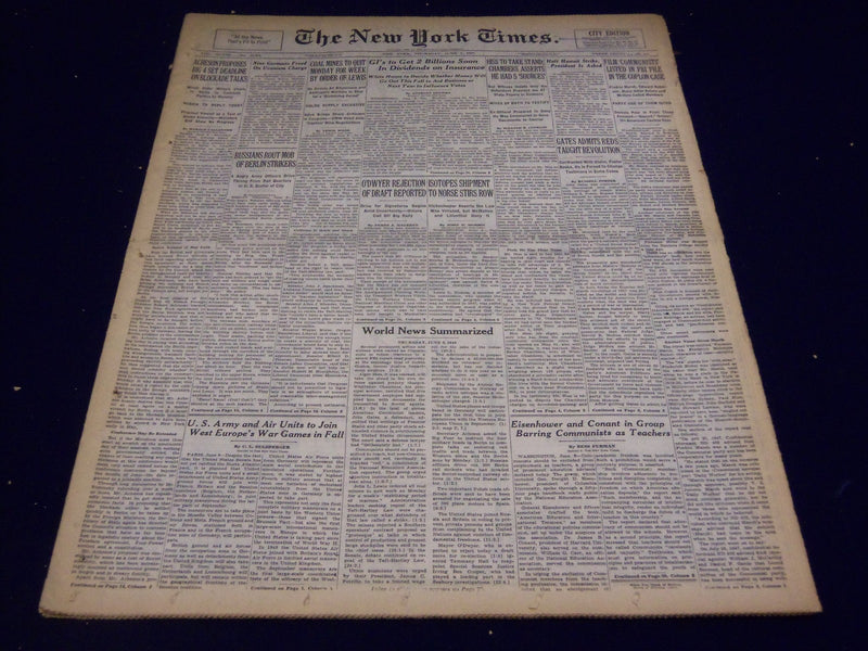 1949 JUNE 9 NEW YORK TIMES - HISS TO TAKE STAND FILM COMMUNISTS IN FBI - NT 1500