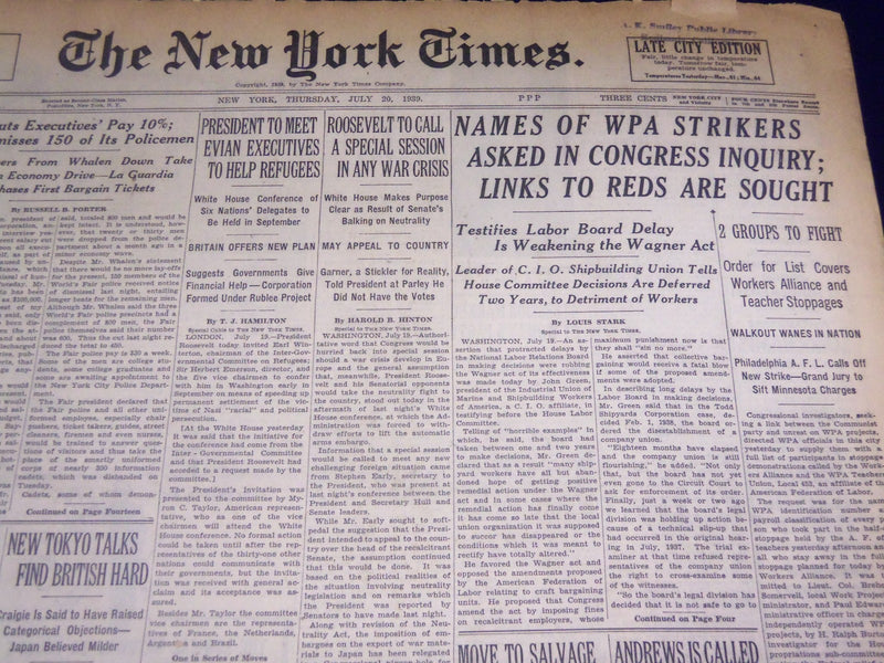 1939 JULY 20 NEW YORK TIMES - NAMES OF WPA STRIKERS ASKED - NT 3679