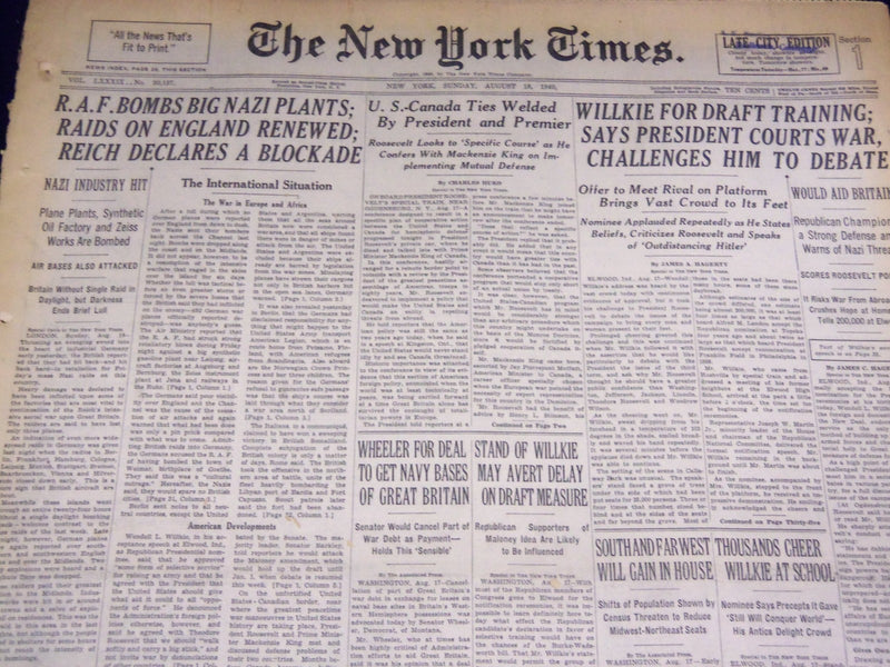 1940 AUGUST 18 NEW YORK TIMES - R. A. F. BOMBS BIG NAZI PLANTS - NT 2572