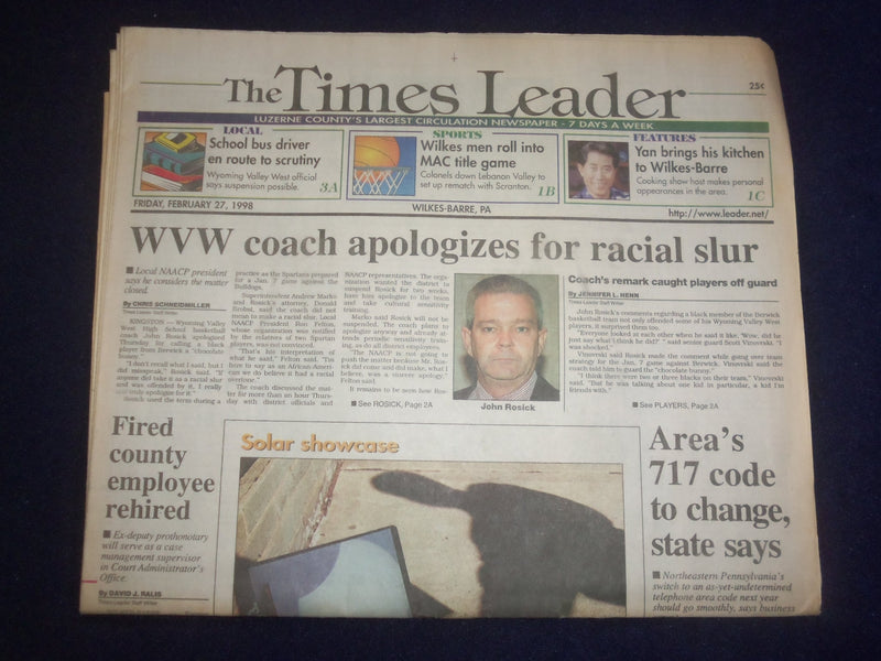 1998 FEB 27 WILKES-BARRE TIMES LEADER -WVW HS COACH RACIAL SLUR APOLOGY- NP 8214