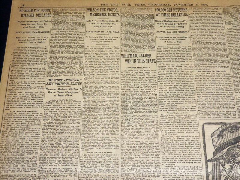 1916 NOVEMBER 8 NEW YORK TIMES - ELECTION CLOSE WILSON 264 HUGHES 251 - NT 7687