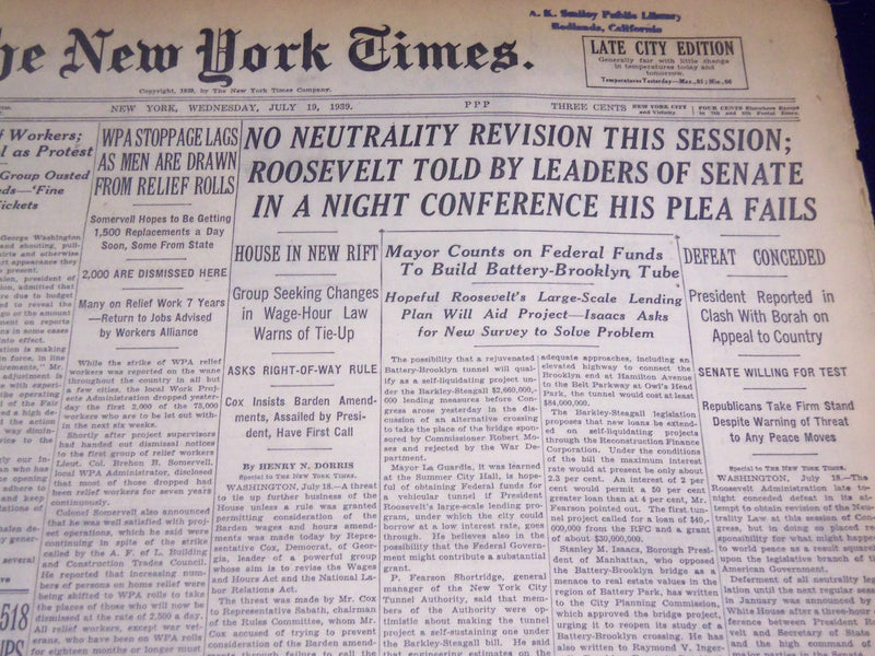1939 JULY 19 NEW YORK TIMES - BROOKLYN BATTERY TUBE FUNDS - NT 3680