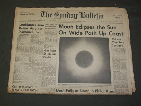 1970 MARCH 8 THE SUNDAY BULLETIN NEWSPAPER - MOON ECLIPSES THE SUN - NP 3222