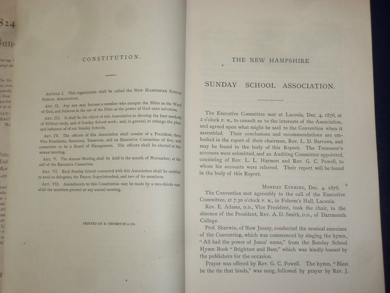 1876 LACONIA, NEW HAMPSHIRE SUNDAY SCHOOL CONVENTION REPORT - J 4605