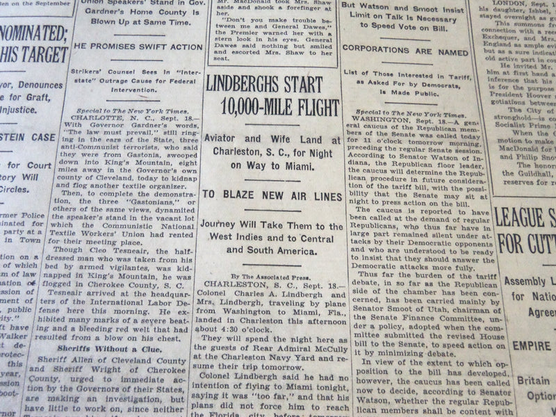 1929 SEPT 19 NEW YORK TIMES - LINDBERGHS START 10,000 MILE FLIGHT - NT 6554