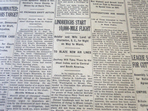 1929 SEPT 19 NEW YORK TIMES - LINDBERGHS START 10,000 MILE FLIGHT - NT 6554