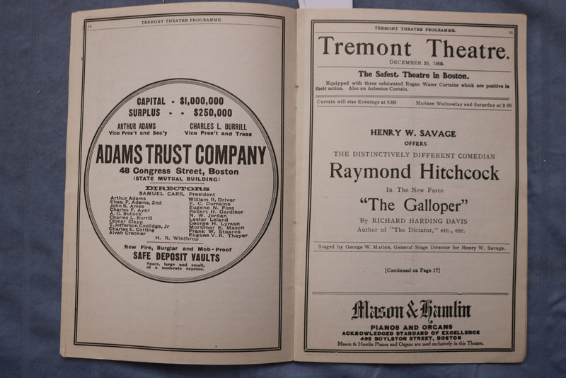 1905 DEC 25 TREMONT THEATRE PROGRAM - THE GALLOPER - RAYMOND HITCHCOCK - K 2611