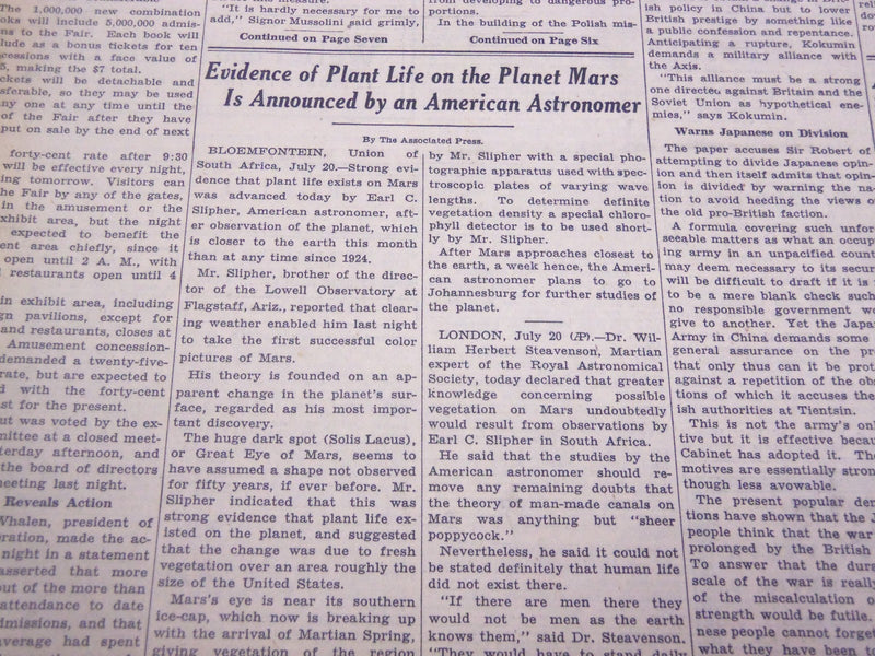 1939 JULY 21 NEW YORK TIMES - PLANT LIFE ON MARS - NT 3678