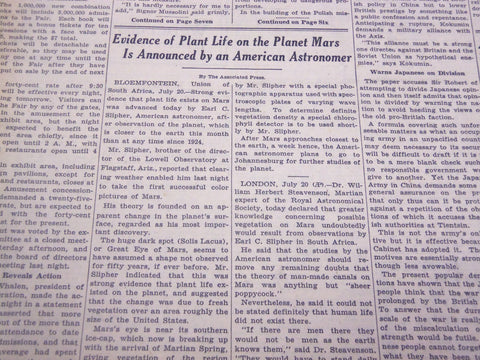1939 JULY 21 NEW YORK TIMES - PLANT LIFE ON MARS - NT 3678