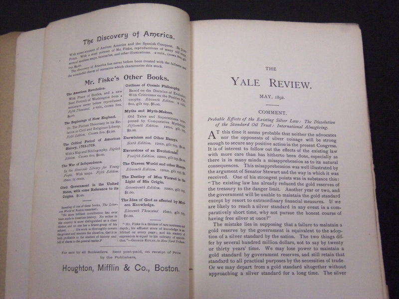 1892 MAY THE YALE REVIEW QUARTERLY JOURNAL VOLUME 1 NO. 1 - J 3009