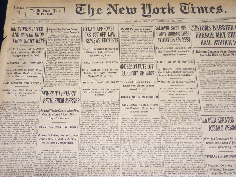 1923 JANUARY 28 NEW YORK TIMES - MOVES TO PREVENT BETHLEHEM MERGER - NT 7899