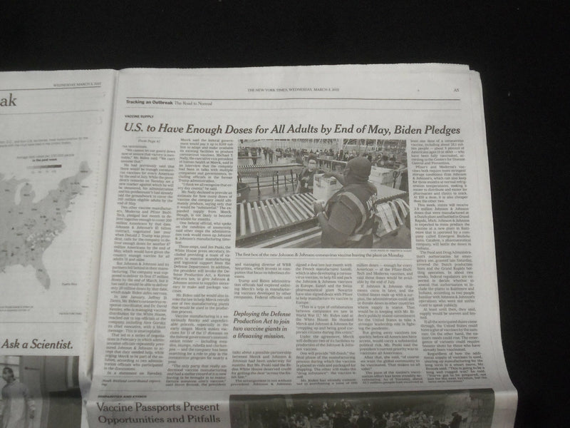 2021 MARCH 3 NEW YORK TIMES - ENOUGH VACCINE FOR EVERY ADULT IN MAY, BIDEN SAYS