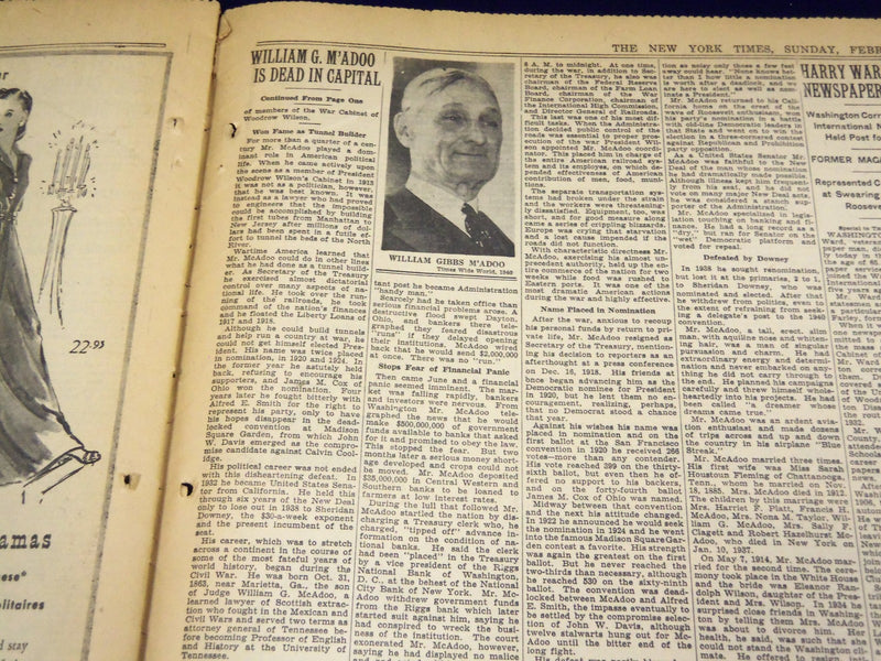 1941 FEBRUARY 2 NEW YORK TIMES - WILLIAM M'ADOO DIES IN THE CAPITAL - NT 1309