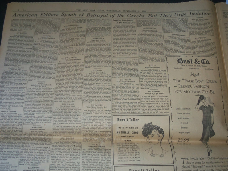 1938 SEPT 21 NEW YORK TIMES -BRITAIN FRANCE GIVE PRAGUE HOURS TO SUBMIT- NP 3605