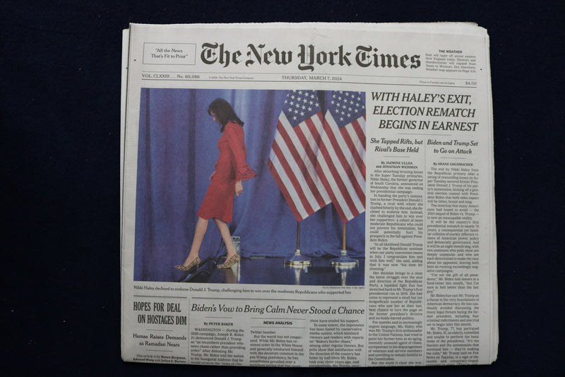 2024 MARCH 7 NEW YORK TIMES -WITH HALEY EXIT, ELECTION REMATCH BEGINS IN EARNEST