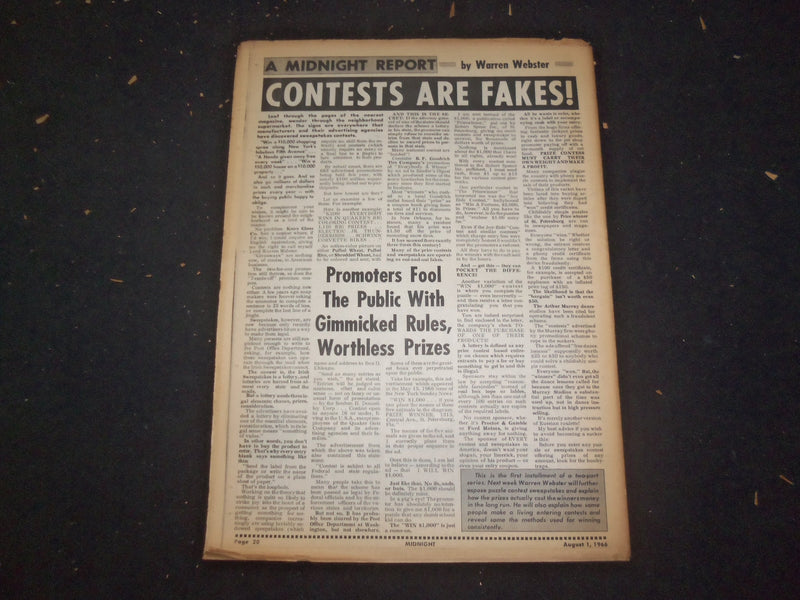 1966 AUGUST 1 MIDNIGHT NEWSPAPER - HAMMERS NAILS INTO HIS HANDS - NP 7366