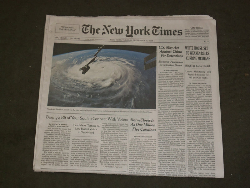 2018 SEPTEMBER 11 NEW YORK TIMES - HURRICANE FLORENCE HEADS FOR EAST COAST