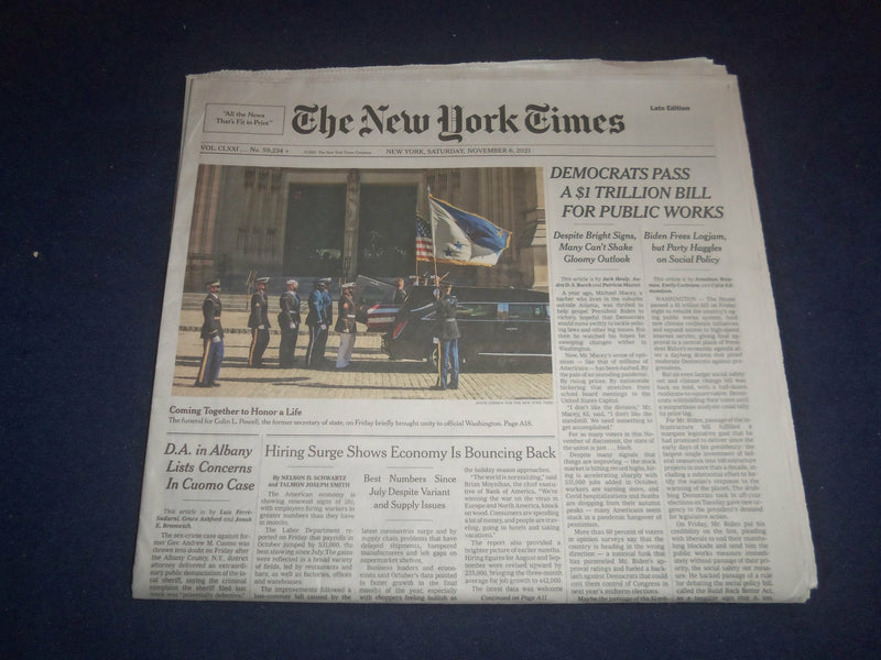 2021 NOVEMBER 6 NEW YORK TIMES -DEMOCRATS PASS $1 TRILLION BILL FOR PUBLIC WORKS