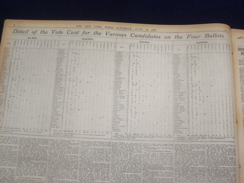 1920 JUNE 12 NEW YORK TIMES - FOUR BALLOTS, NO NOMINATION - NT 9112