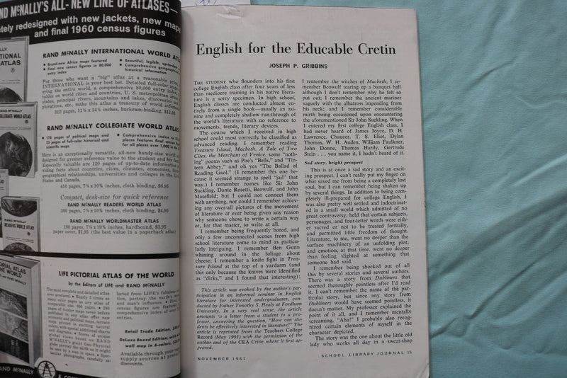 1961 NOVEMBER SCHOOL OF LIBRARY JOURNAL - SOFTCOVER BOOK - K 3255