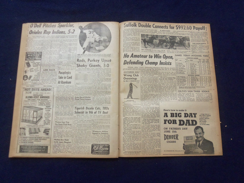 1958 JUNE 10 BOSTON RECORD AMERICAN NEWSPAPER -GOLDFINE THREAT TO SOLONS-NP 6275