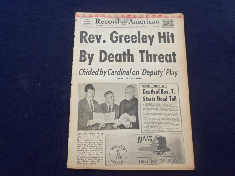 1965 MAY 29 BOSTON RECORD AMERICAN NEWSPAPER -REV. GREELY DEATH THREAT - NP 6299