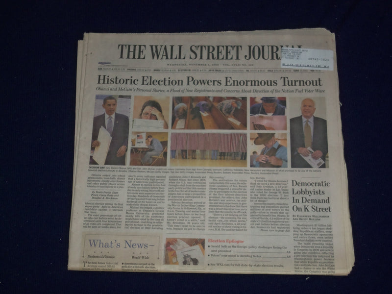 2008 NOVEMBER 5 WALL STREET JOURNAL NEWSPAPER-ENORMOUS ELECTION TURNOUT- NP 3063