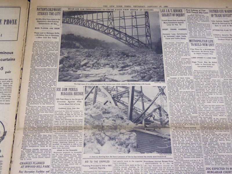 1938 JANUARY 27 NEW YORK TIMES - ICE PERILS NIAGARA BRIDGE, STEEL FAILS- NT 2418