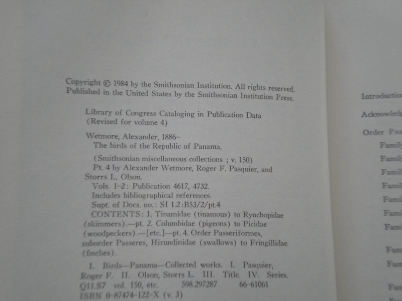 1984 THE BIRDS OF REPUBLIC OF PANAMA HARDCOVER BOOK PART 4 BY WETMORE - KD 8018