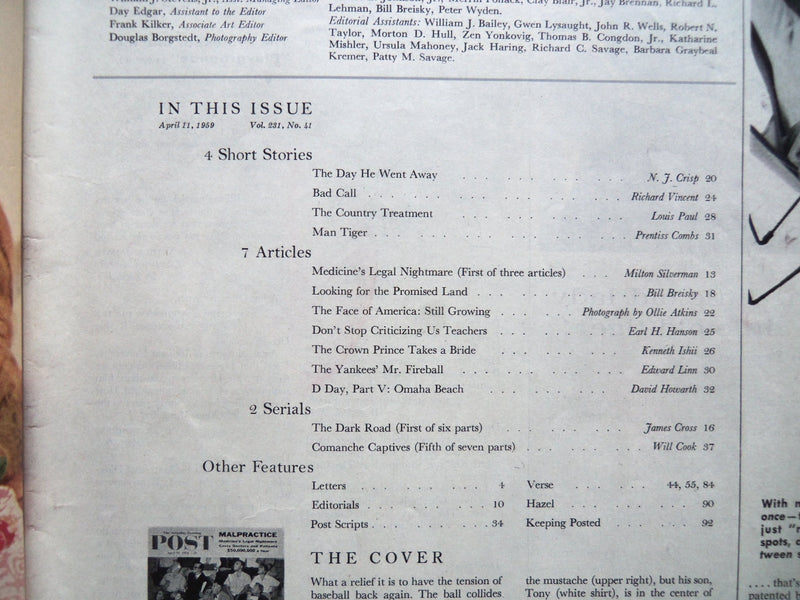 1959 APRIL 11 THE SATURDAY EVENING POST MAGAZINE - BASEBALL COVER - SP 2224