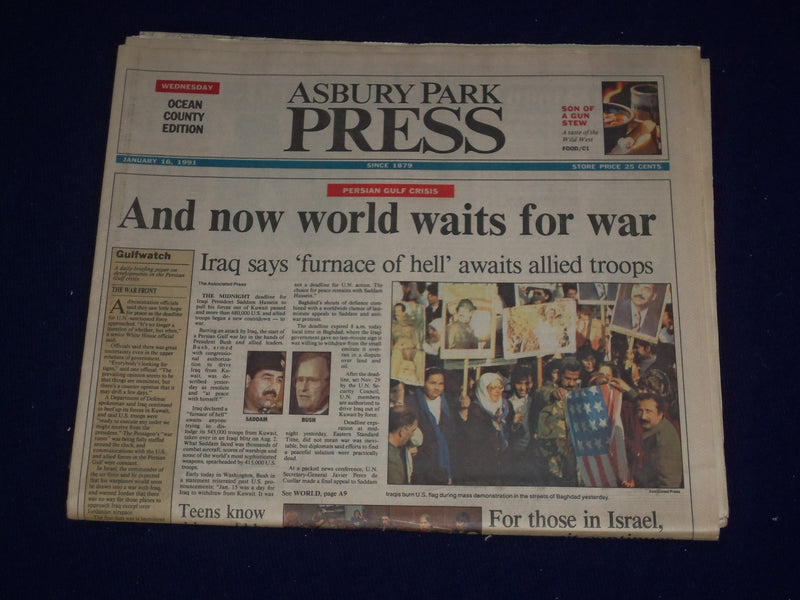 1991 JANUARY 16 ASBURY PARK PRESS NEWSPAPER - WORLD AWAITS WAR IN IRAQ - NP 3067