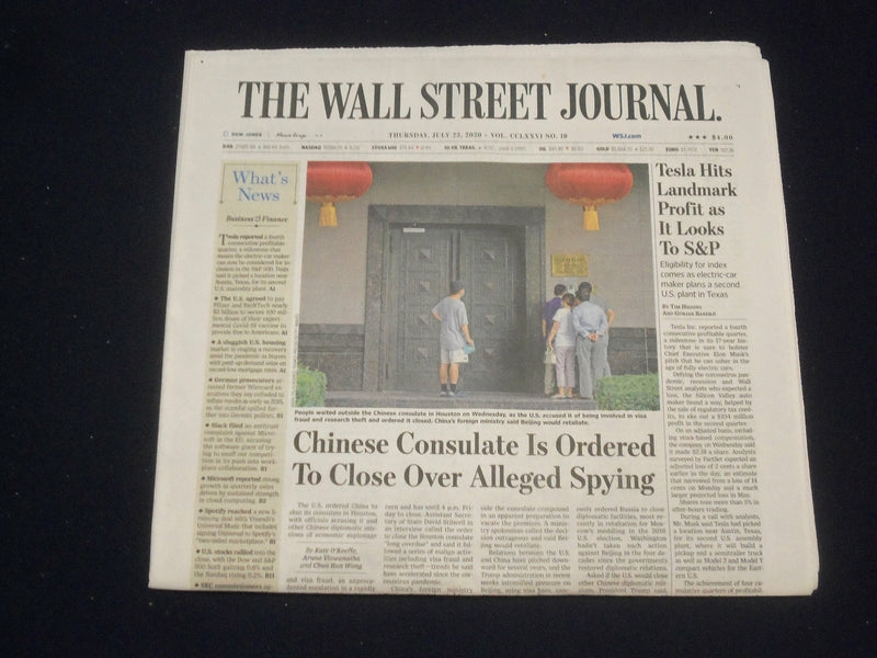 2020 JULY 23 WALL STREET JOURNAL NEWSPAPER - CHINESE CONSOLATE CLOSE OVER SPYING