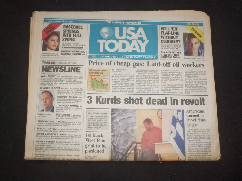 1999 FEBRUARY 18 USA TODAY NEWSPAPER - 3 KURDS SHOT DEAD IN REVOLT - NP 8002