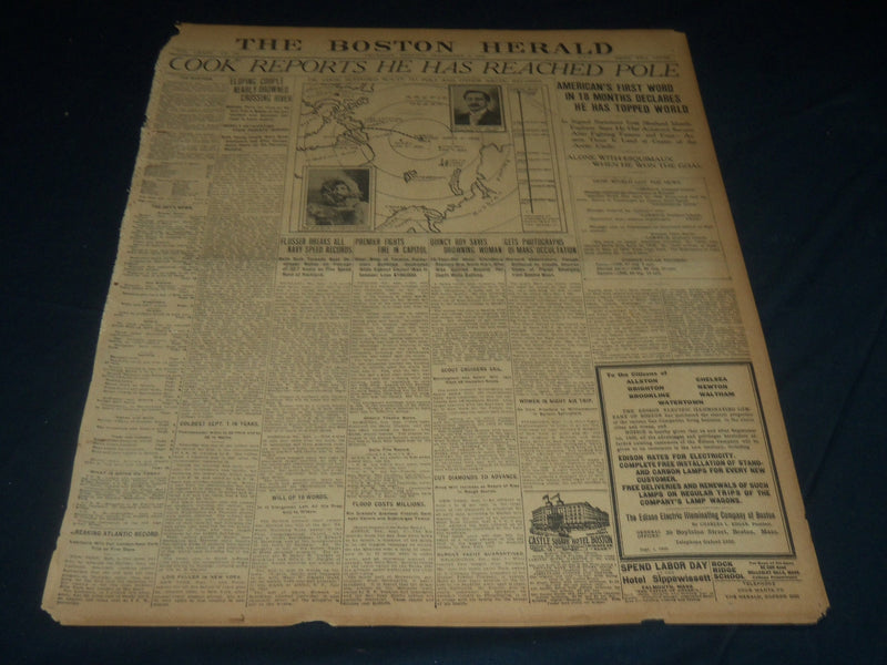 1909 SEPTEMBER 2 THE BOSTON HERALD - COOK REPORTS HE HAS REACHED POLE - BH 209