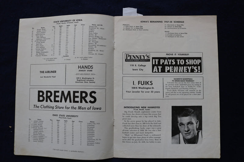 1958 FEBRUARY 1 OHIO STATE VS. IOWA BASKETBALL PROGRAM - FRANK HOWARD - K 1679