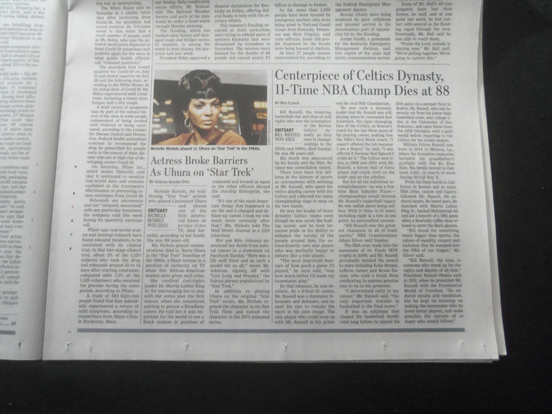 2022 AUGUST 1 THE WALL STREET JOURNAL - BILL RUSSELL DIED (1934-2022)